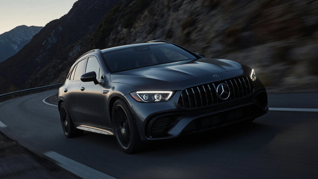 AMG EQE 53 rychle projíždí horskou cestou v soumraku.