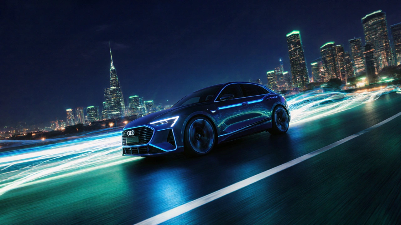 Audi e‑tron GT v futuristické krajině, zdůrazňující elektrický výkon.