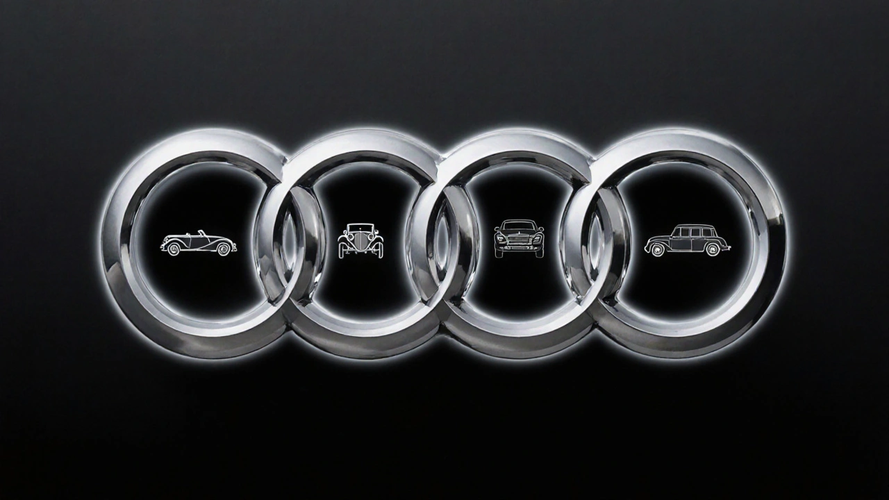Čtyři propojené kroužky loga Audi s jemnými siluetami historických vozů.