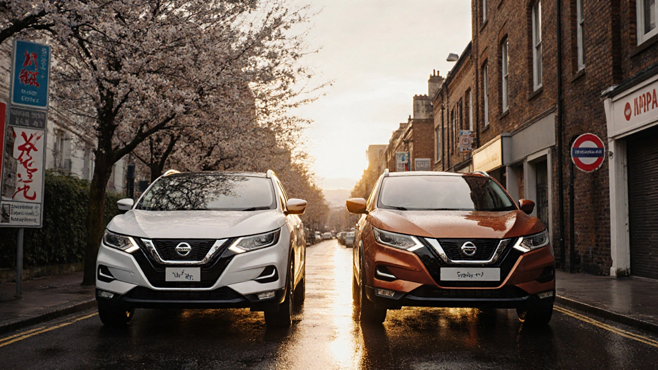 Dvě verze Nissan Qashqai – jedna z Japonska, jedna z Británie – stojí vedle sebe na rozdílném pozadí