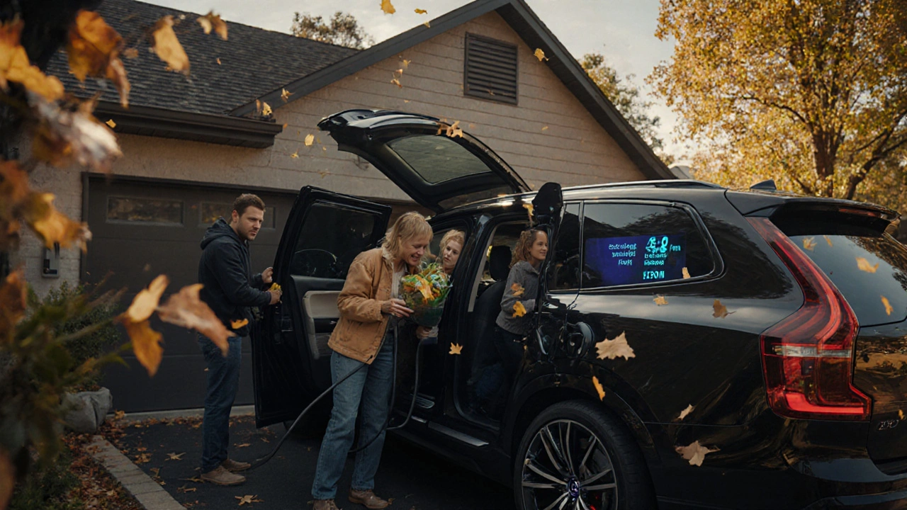 Family loading a Volvo XC90 Recharge at home while charging from a wall outlet.