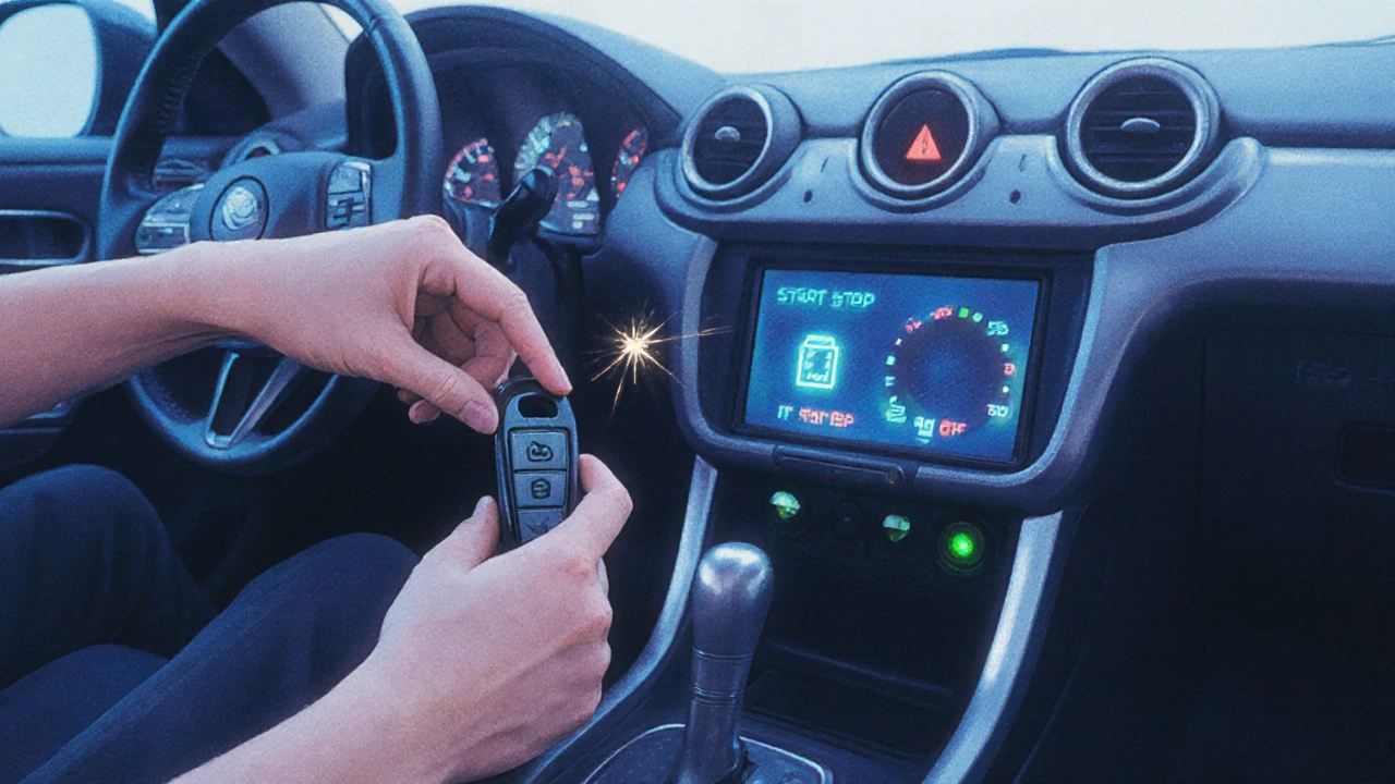 Interiér auta: řidič otáčí klíčem, brzdí a start‑stop ikona svítí.