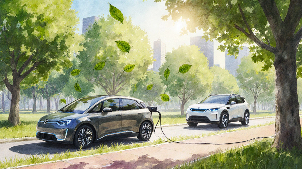 Kompaktní a elektrické auto v parku, SUV v pozadí, zelené prostředí.