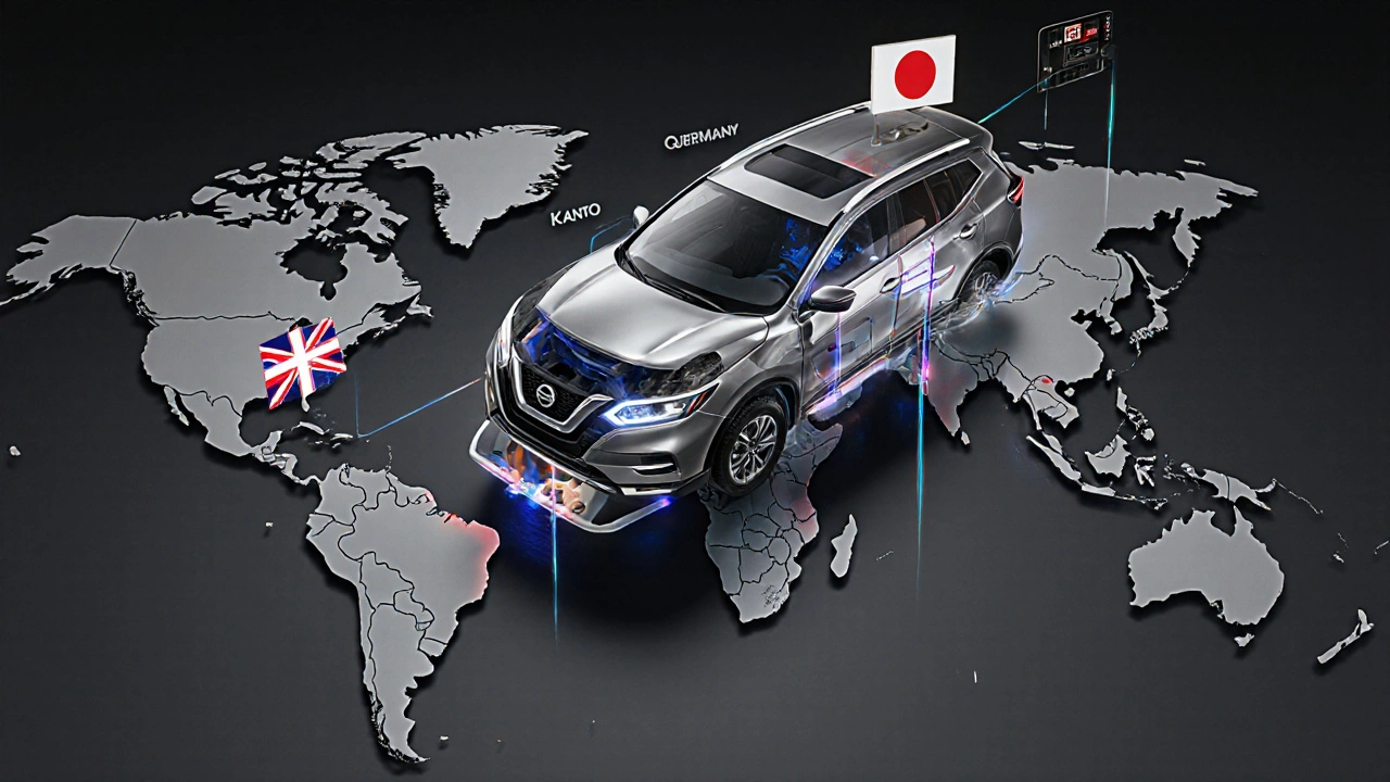 Koncepční obrázek Nissan Qashqai sestaveného z komponentů z různých zemí na globu