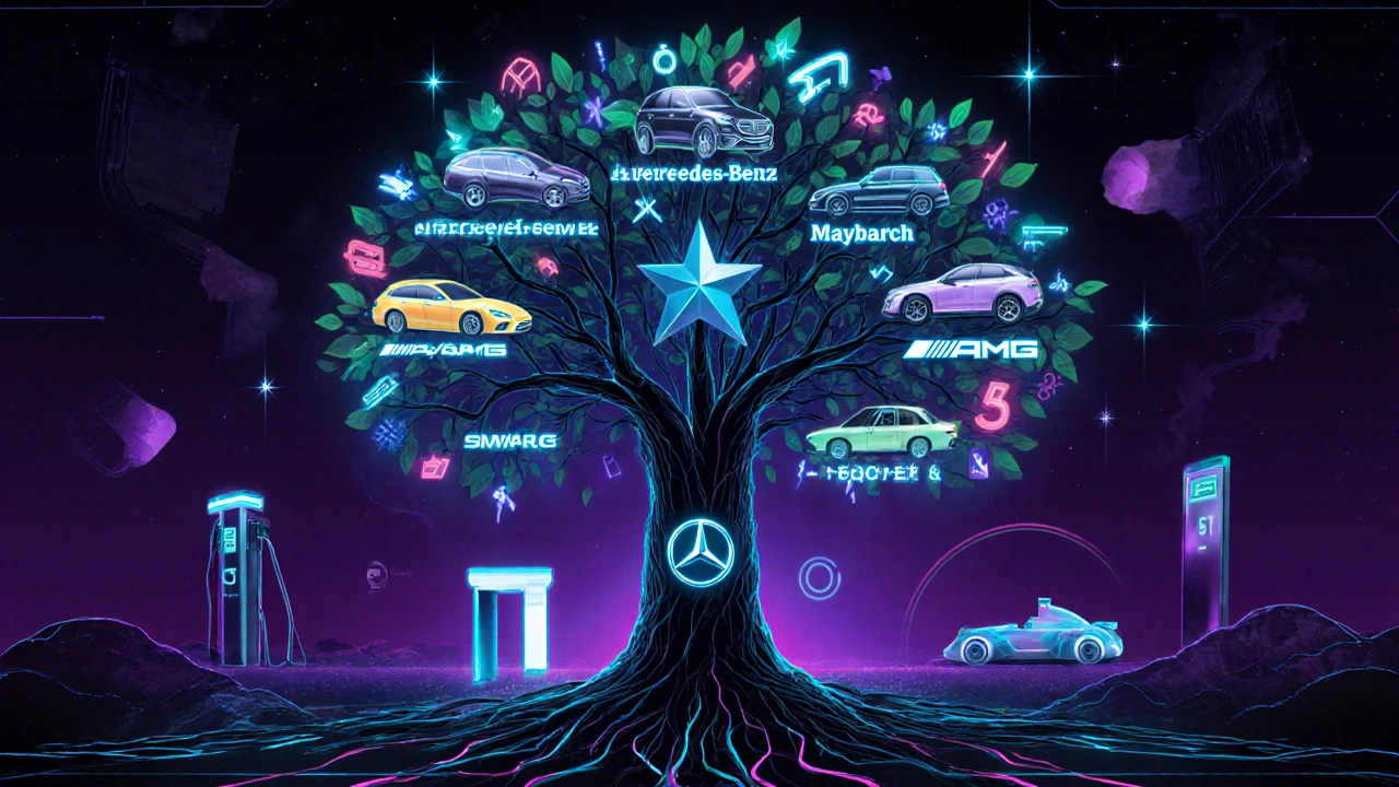 Konceptuální strom představující ekosystém Mercedes-Benz Group s různými značkami jako větvemi.