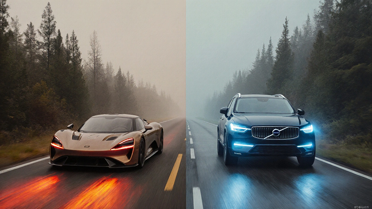 Kontrast mezi rychlým SSC Tuatara a bezpečným Volvo C40 Recharge v mlze.