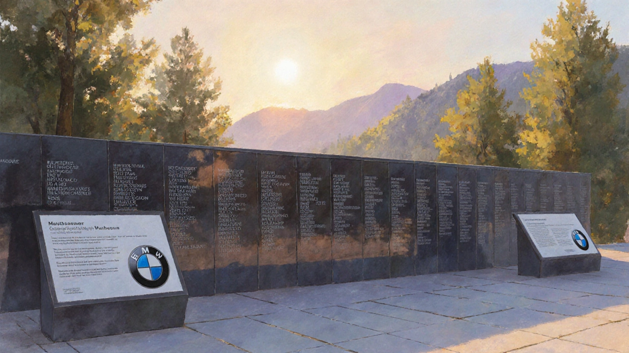 Místo památníku Mauthausen se slunečním svitem a vzdělávací výstavou o BMW.