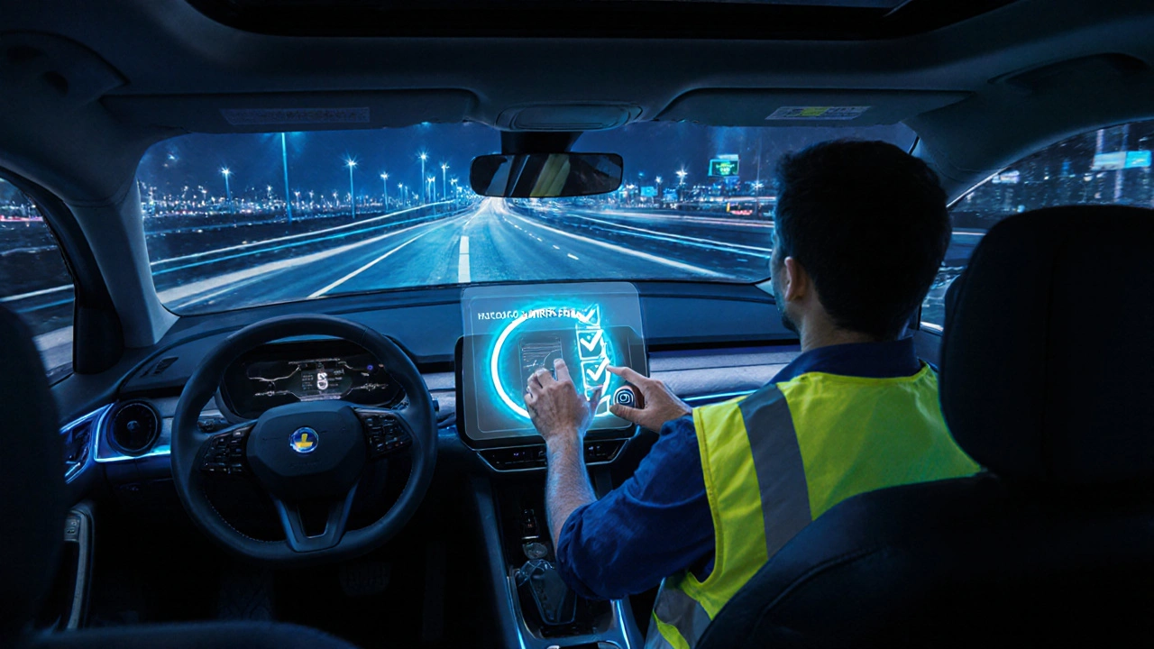 Moderní auto s dashcamerou, telematickým modulem a holografickou kontrolou výbavy.