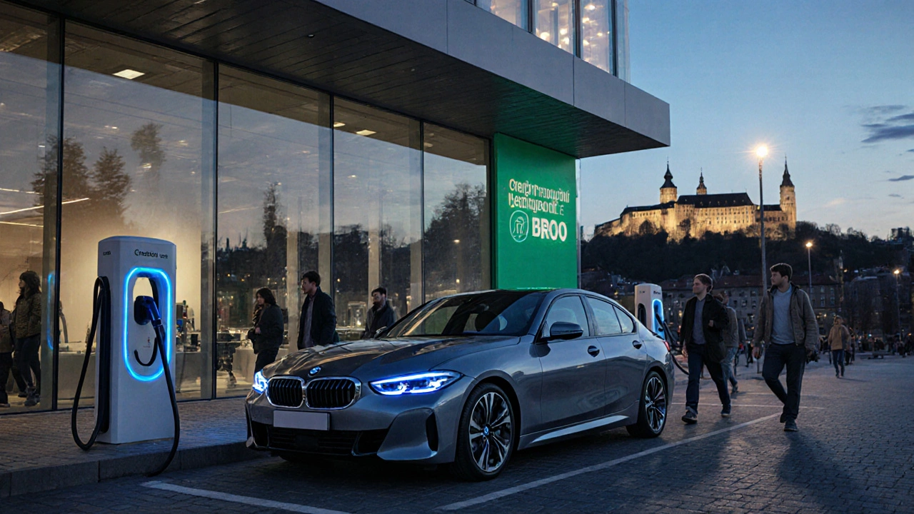 Moderní BMW dealerství v Brně s elektromobilem na nabíjecí stanici v městském prostředí.