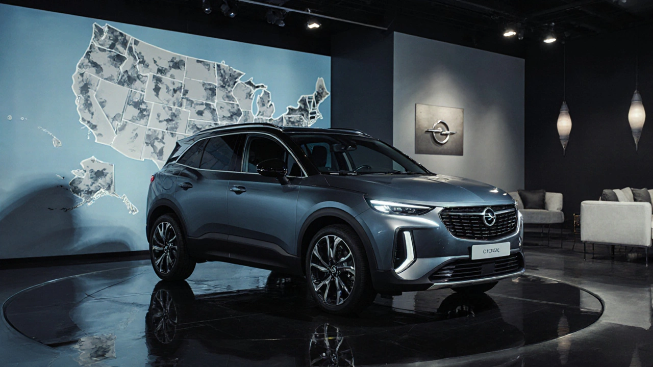 Moderní importovaný Opel Grandland X v luxusním americkém autosalónu, s logem Stellantis.