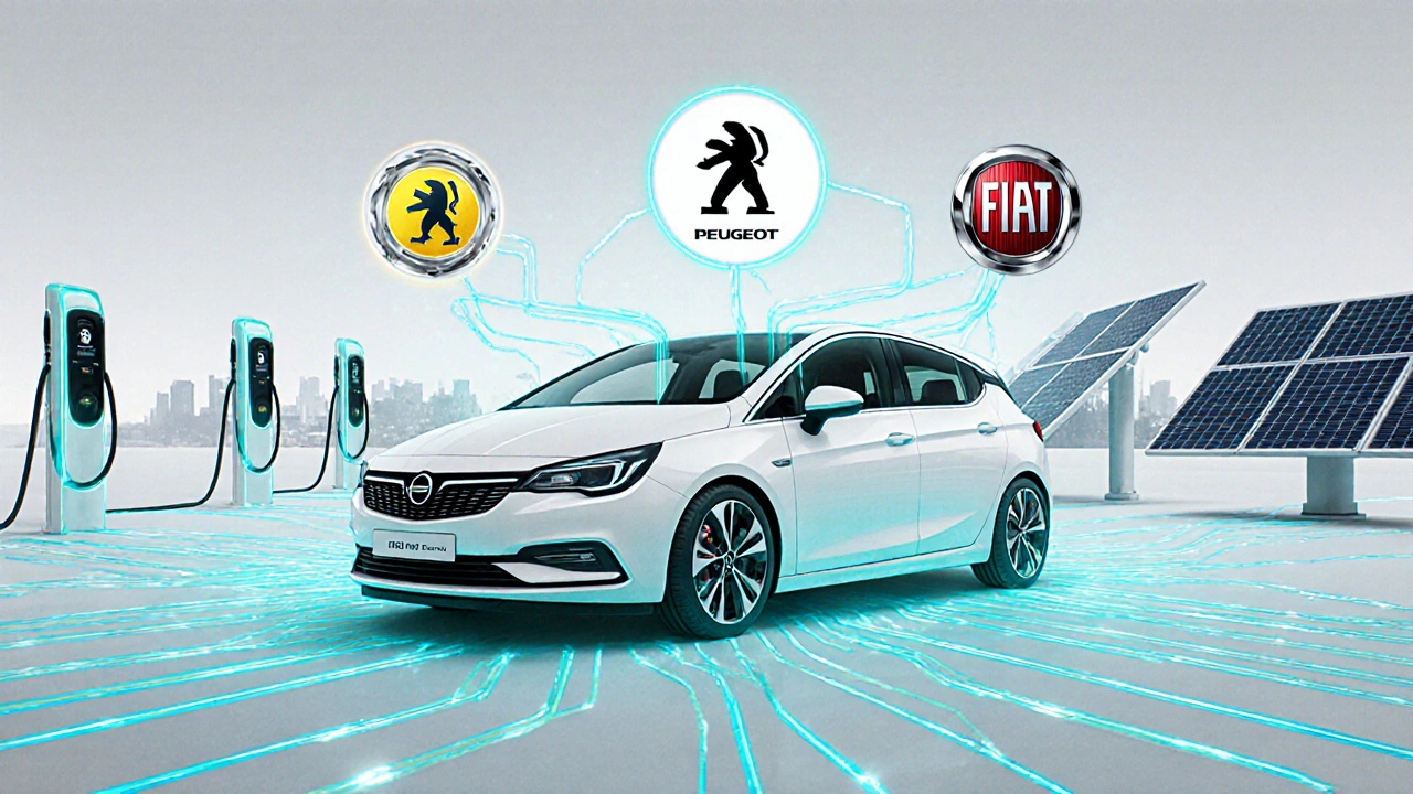 Opel Astra Electric v roce 2025 jako součást Stellantis, propojený s dalšími značkami digitálními proudy a nabitými stanicemi.