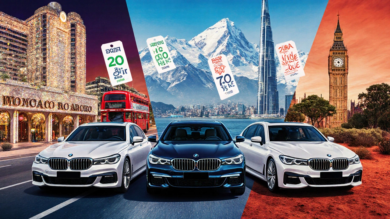 Pět modelů BMW 7 Series na pozadí typických scenérií jednotlivých zemí s levitujícími cenovkami.
