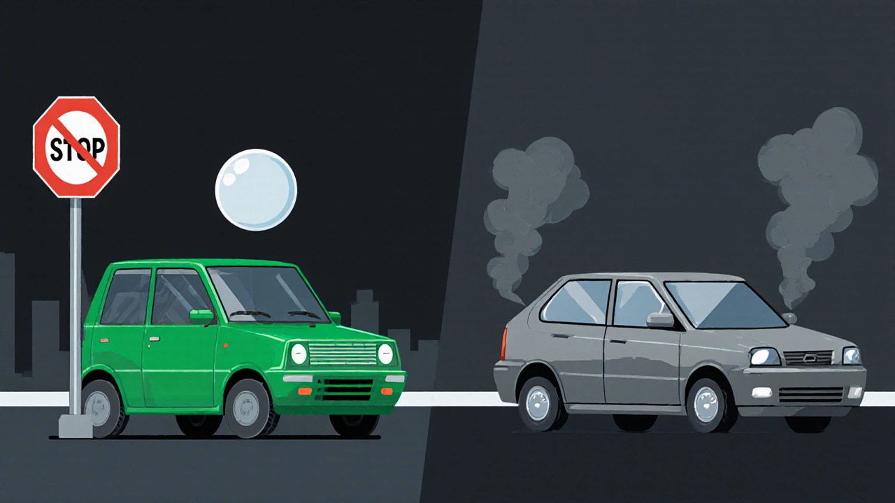 Porovnání dvou aut: start‑stop auto bez emisí versus klasické auto s výfukem.