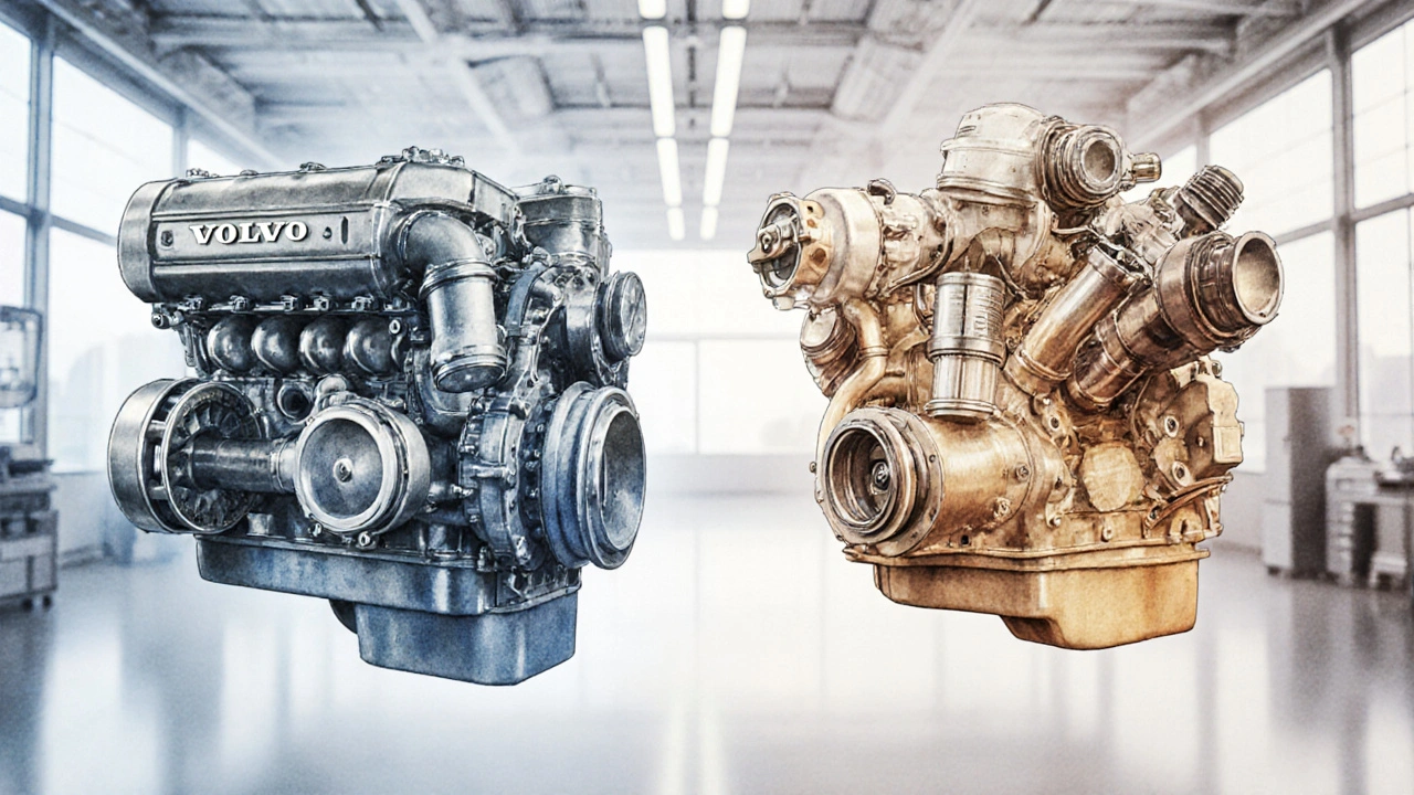 Řez motoru Volvo ukazuje diesel s turbodmychadlem, DPF a nádržkou AdBlue versus jednodušší benzínový motor.