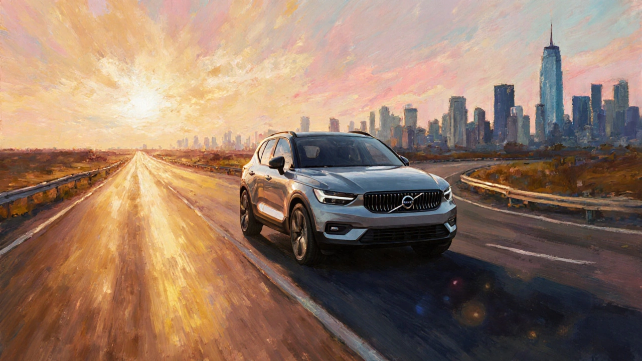 Řidič u rozcestí: na jedné straně dálnice, na druhé město, uprostřed Volvo XC40 hybrid pod zlatavým nebem.