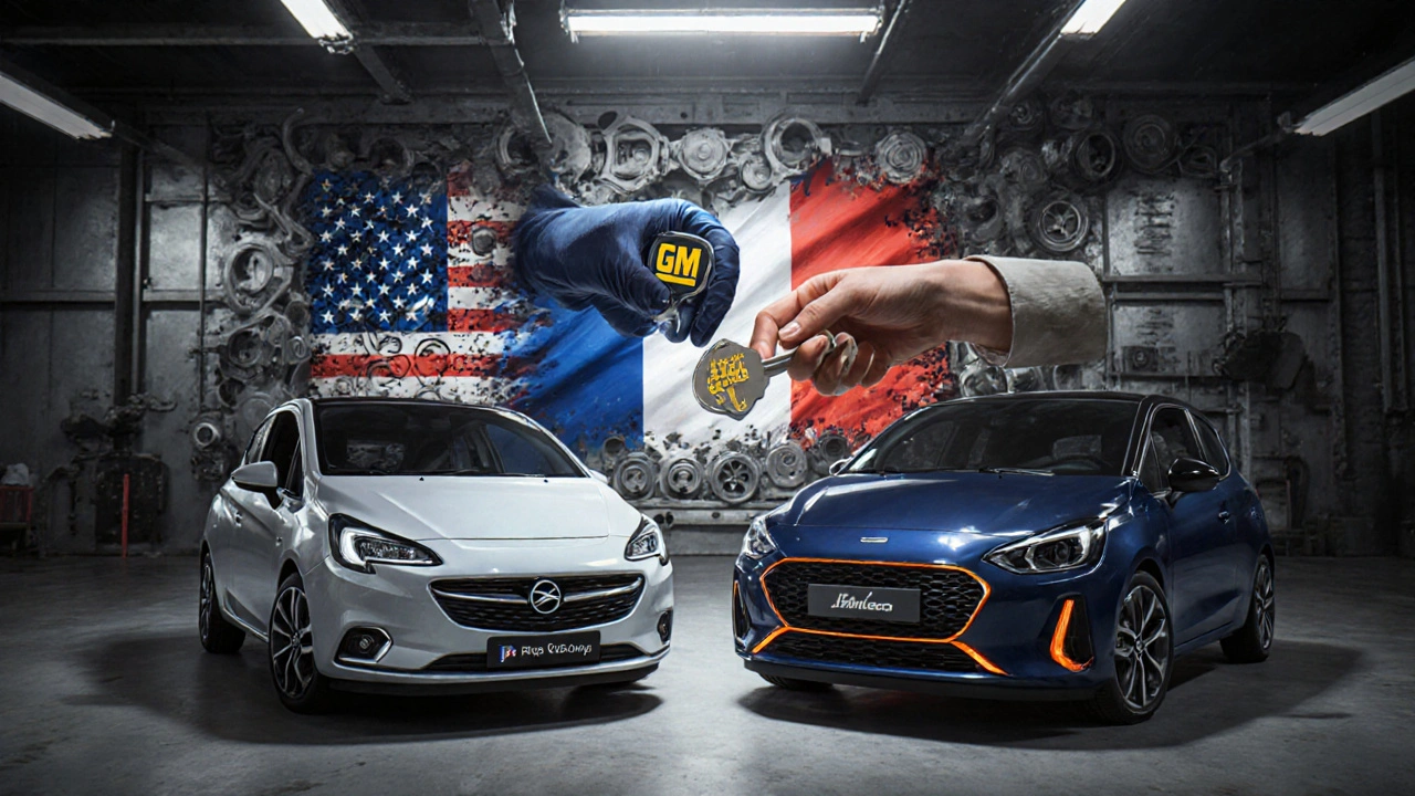 Symbolický předání Opelu z General Motors do rukou PSA Group v roce 2017 s auty Corsa a Peugeot 208.