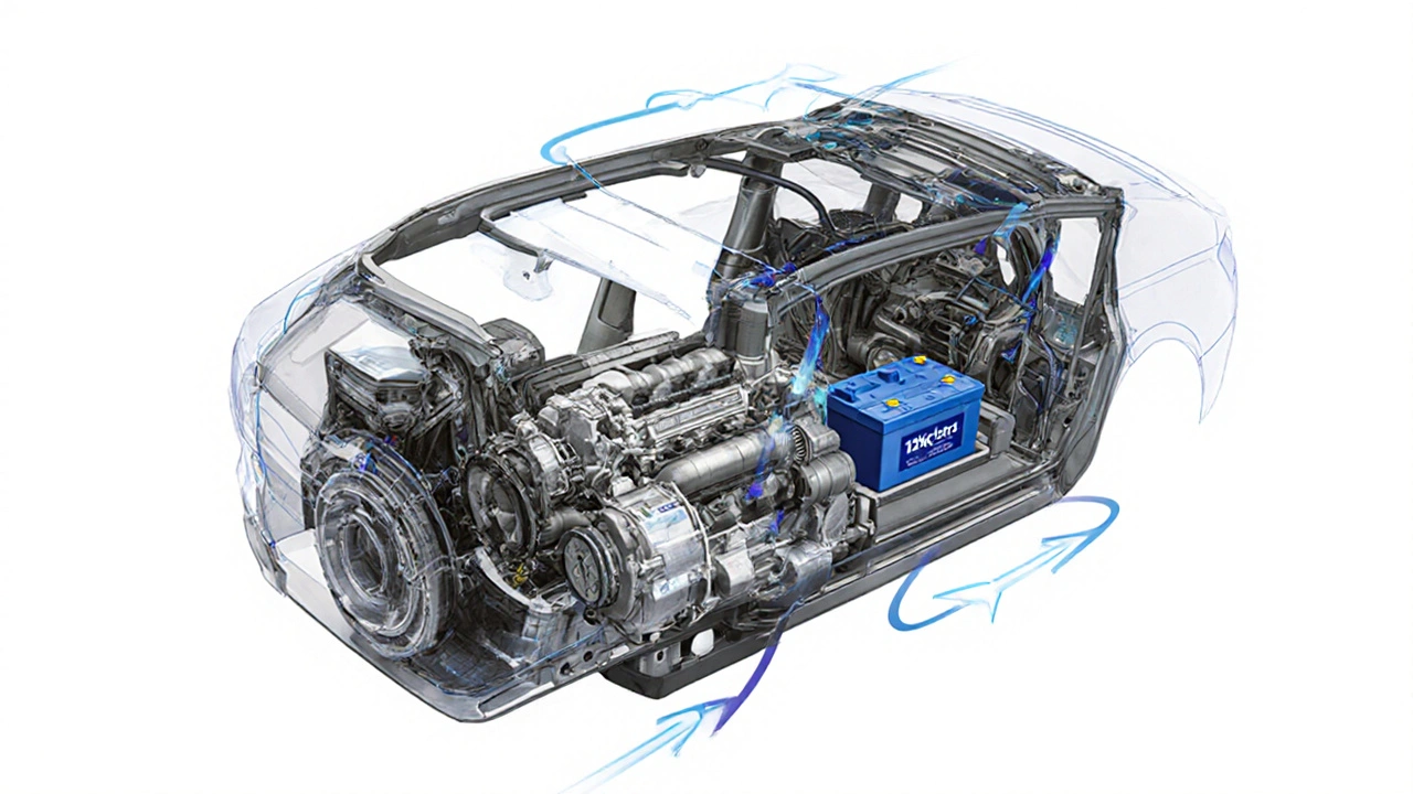 Technical cross-section of Volvo full hybrid system with electric motor, engine and rear battery.