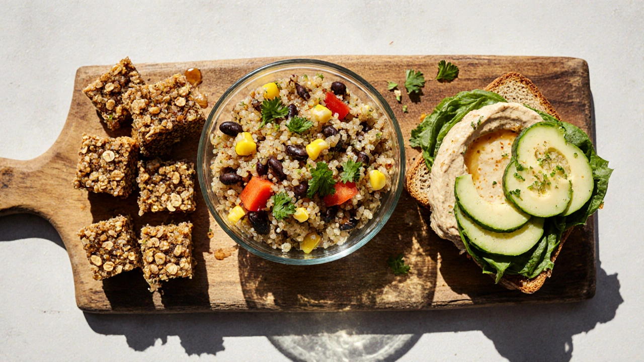 Tři rychlé cestovní recepty: energetické tyčinky, quinoa salát a hummus‑avokádový sendvič na řezáku.