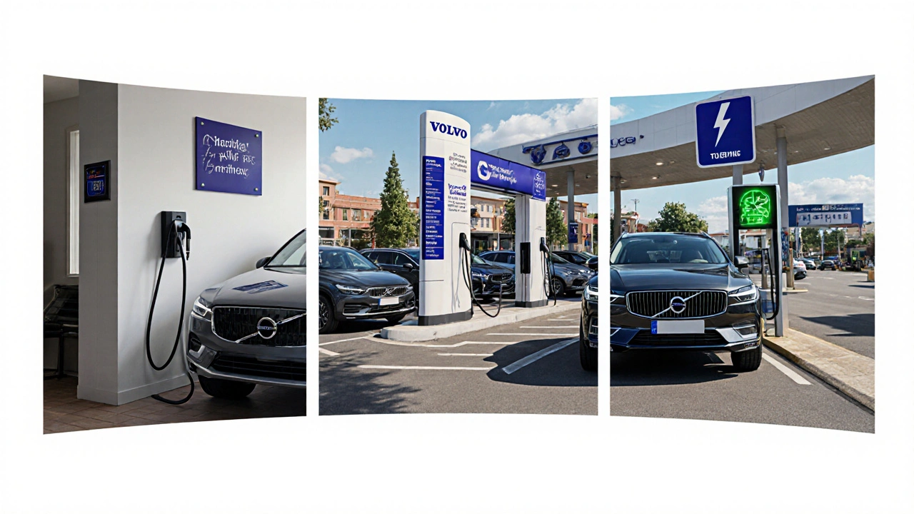 Tři scénáře nabíjení: doma, veřejná AC stanice, rychlý DC supercharger.