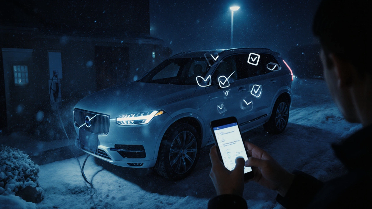 Volvo XC90 během nočního nabíjení s telefonem a sněhem.