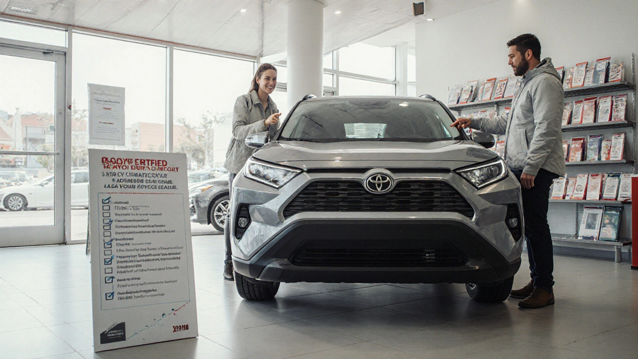 Certified used Toyota RAV4 Hybrid in Venice showroom with inspection checklist