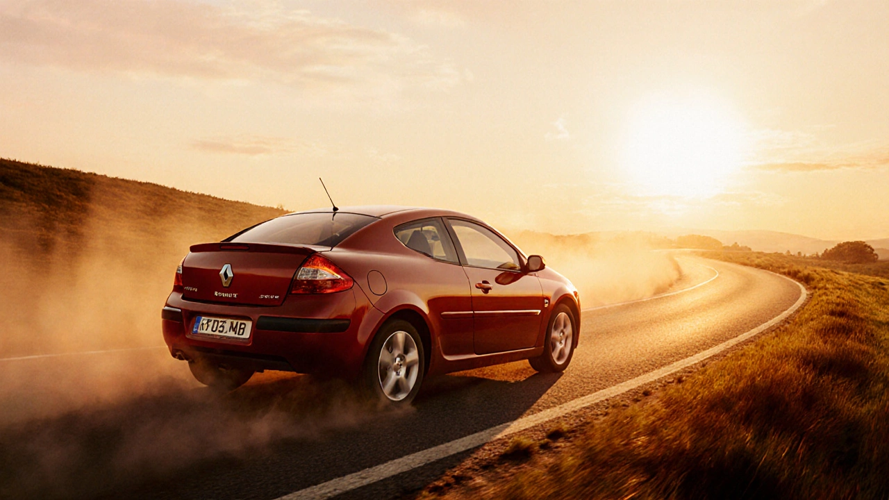 Dieselová Renault Megane z roku 2005 na venkovské silnici při západu slunce.