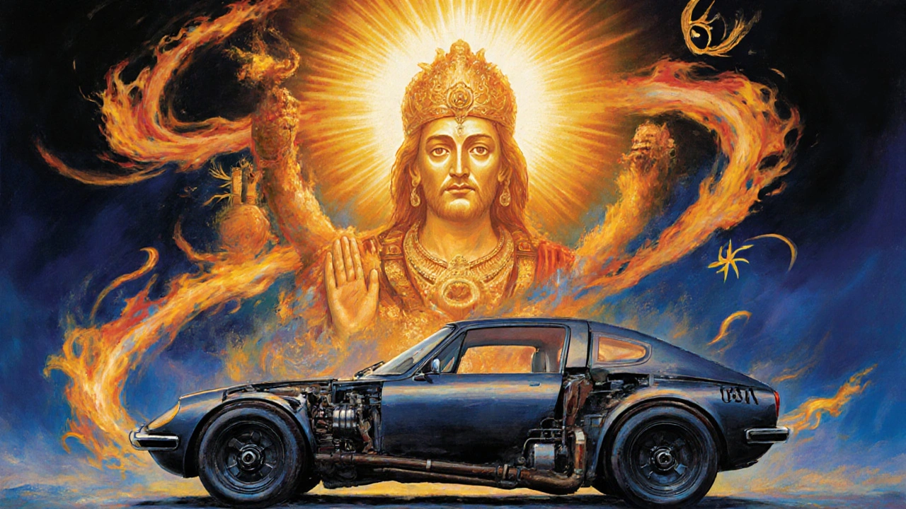 Duchovní bytost Ahura Mazda nad rotčním motorem Mazda Cosmo Sport, s oheň a větrem jako symboly moudrosti.