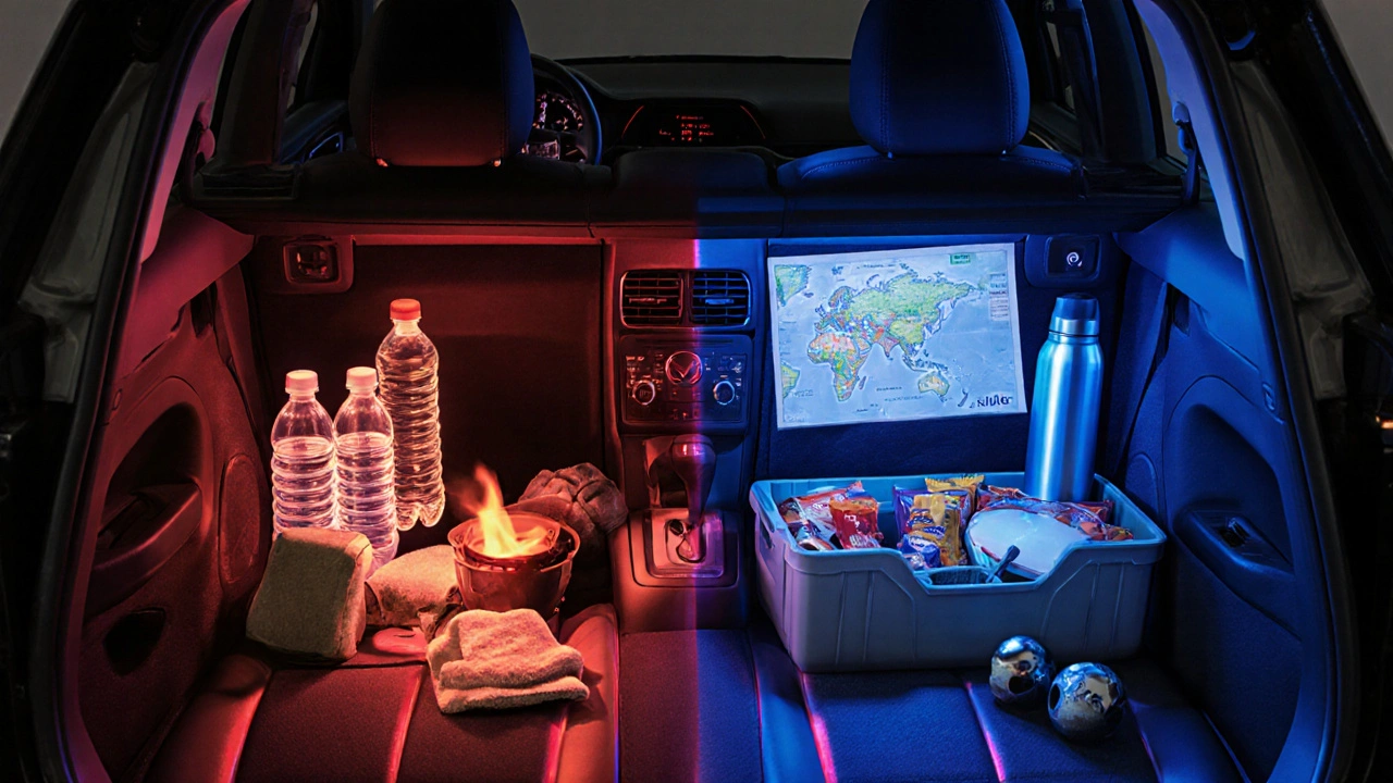 Dvě části interiéru auta: nebezpečné předměty v červeném světle a bezpečné potřeby v modrém světle.