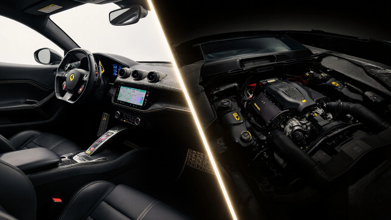 Dvoučelný náhled: interiér Ferrari s luxusními materiály a Lamborghini s agresivním designem.