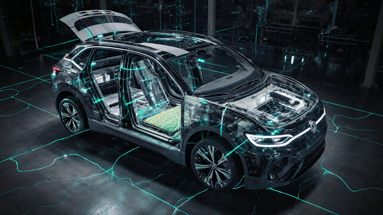 Elektrické auto Volkswagen ID.4 s průhlednými vrstvami ukazujícími recyklované materiály a globální dodavatelské řetězce.
