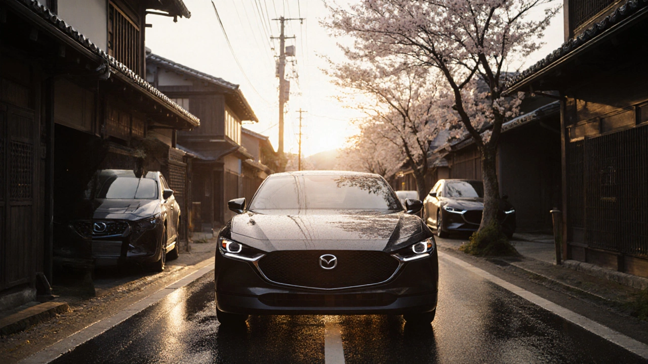 Elektromobil Mazda MX-30 v západu slunce, jeho logo odráží na mokré ulici s květy čerem.