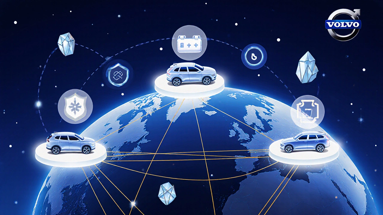 Global map showing Volvo production hubs in Sweden, China, and USA with connected supply chains