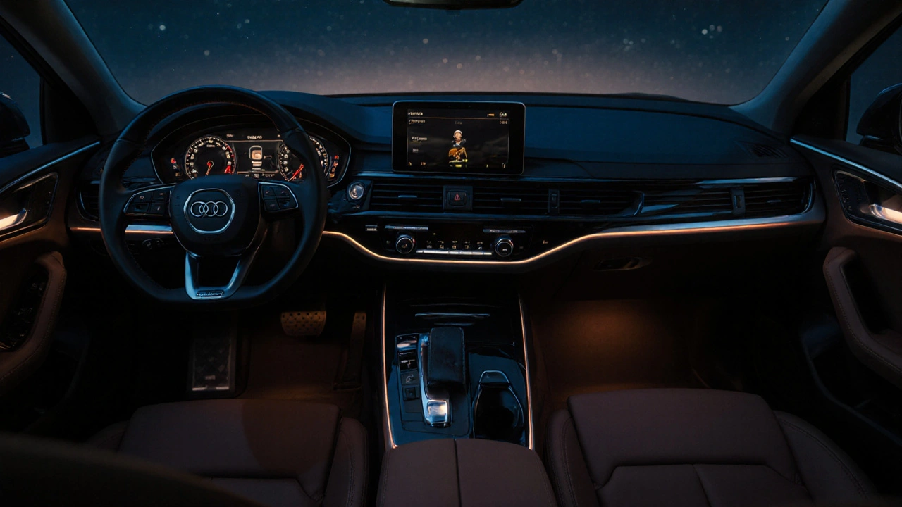 Interiér Audiu A6 v nočním osvětlení s luxusními materiály a digitálními displeji.