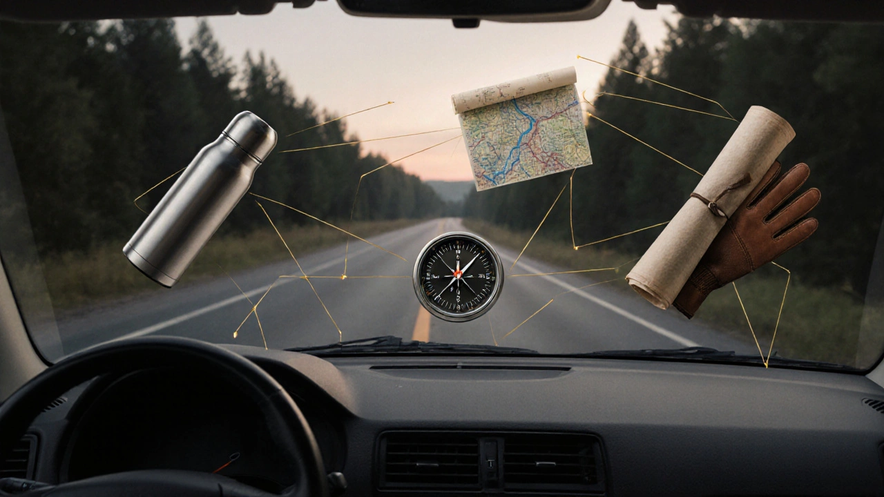 Koncepční výjev auta s předměty pro přežití plujícími nad volantem jako symboly bezpečí.