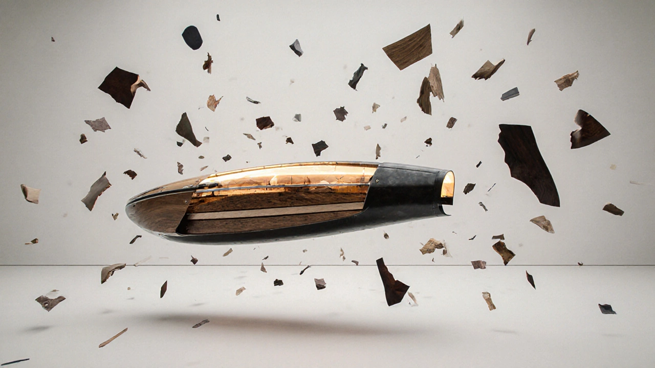 Konceptuální scéna Boat Tailu jako uměleckého předmětu ve výstavním prostoru, s prvkami výroby plujícími kolem něj ve vzduchu.