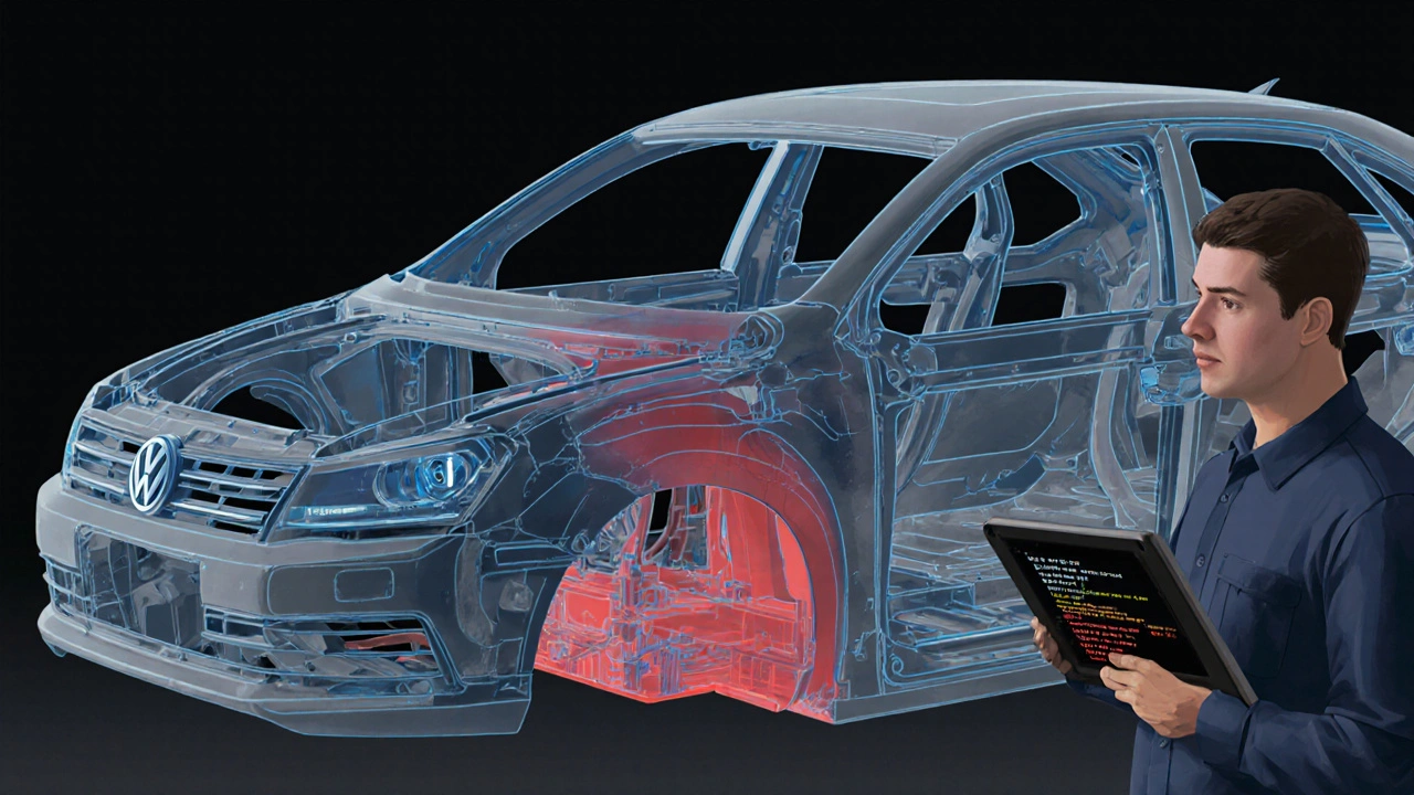 Laserové skenování deformovaného rámu vozidla Volkswagen s nekvalitními svařováními.