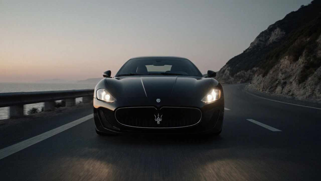 Maserati GranTurismo na pobřežní silnici v soumraku.
