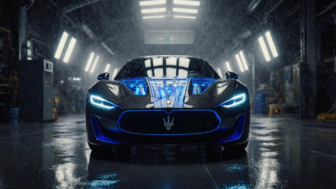 Maserati MC20 EV v italské továrně za bouřky s viditelným motorem.