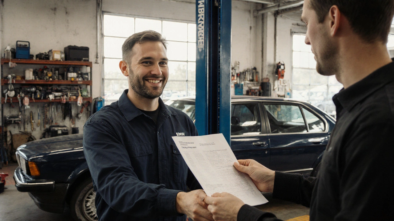 Mechanik ukazuje zákazníkovi servisní dokumenty s historií výbavy auta BMW.