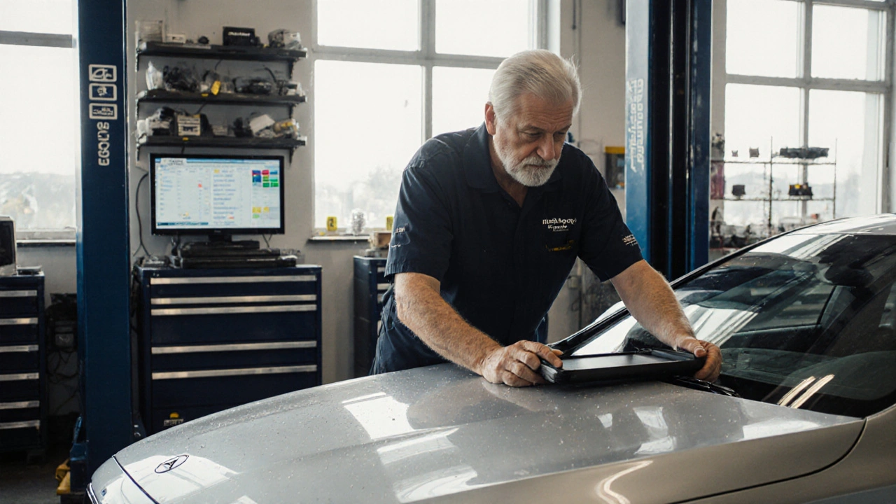 Mechanik v autorizovaném servisu v Brně provádí diagnostiku Mercedesu E-Class.