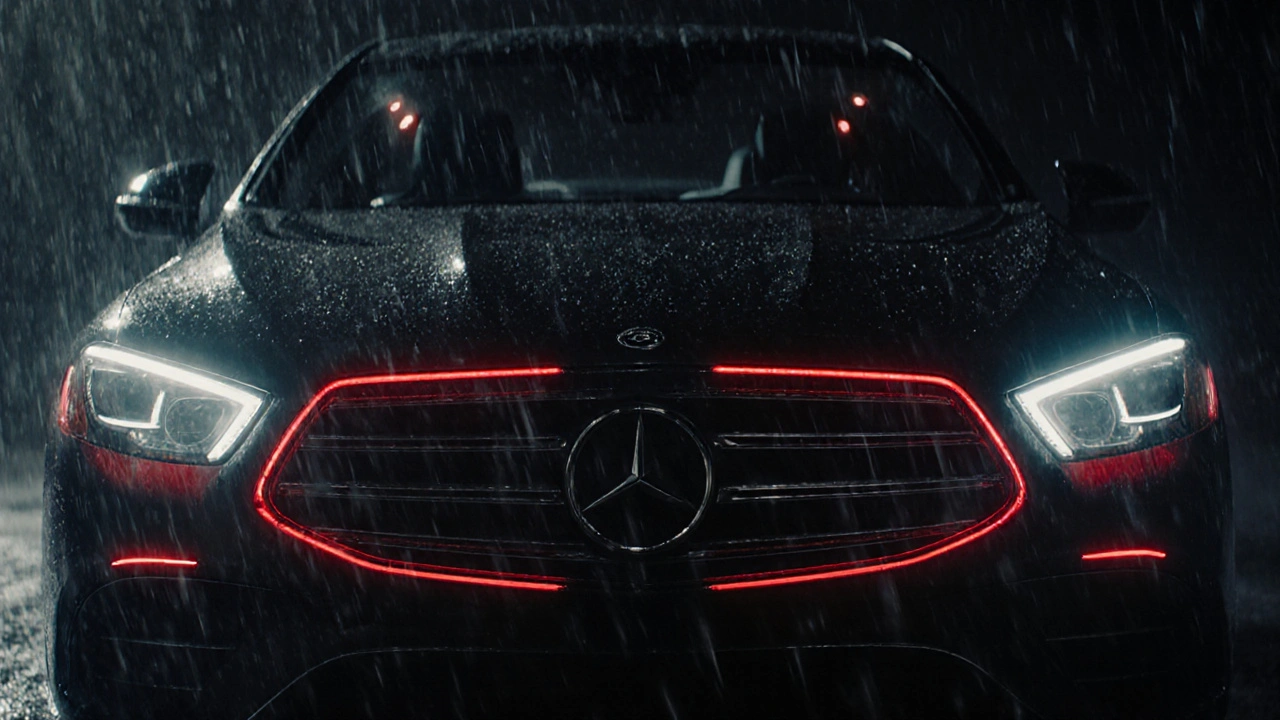 Mercedes S-Class s aktivovaným systémem PRE-SAFE® před kolizí v dešti.