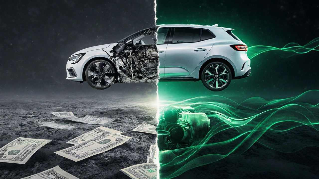 Moderní elektrická Megane nad rozdělenou krajinou: mechanický motor vs. čistá elektřina.