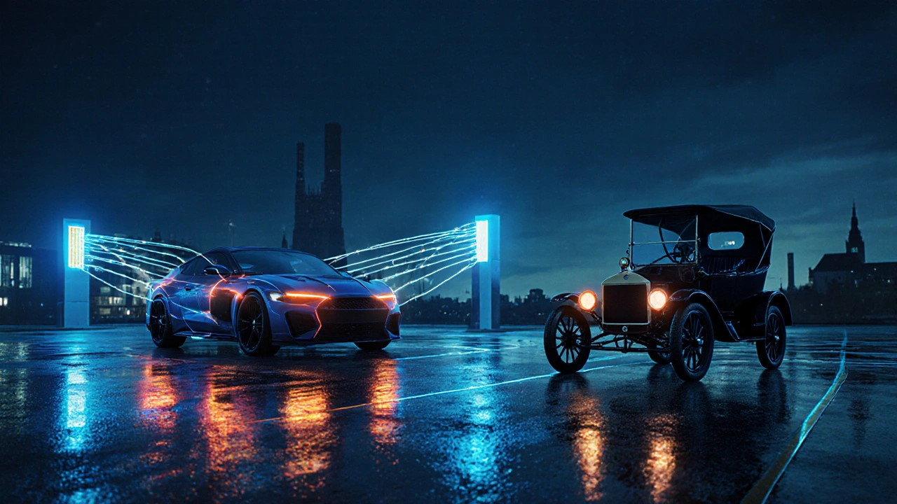 Moderní elektrické Ford Mustang Mach-E vedle klasického Modelu T v noci.