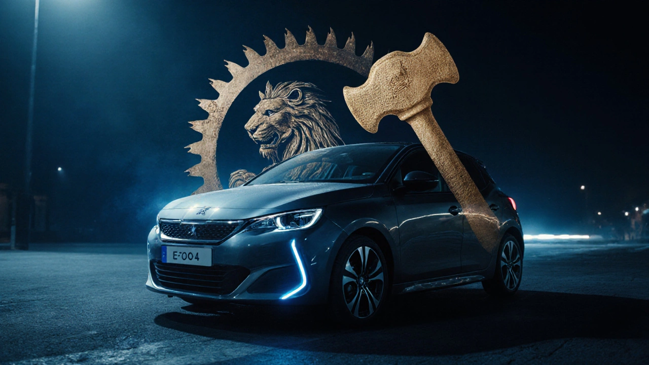 Moderní elektroauto Peugeot e-208 s překryvem historického lva a kovářského kladiva.