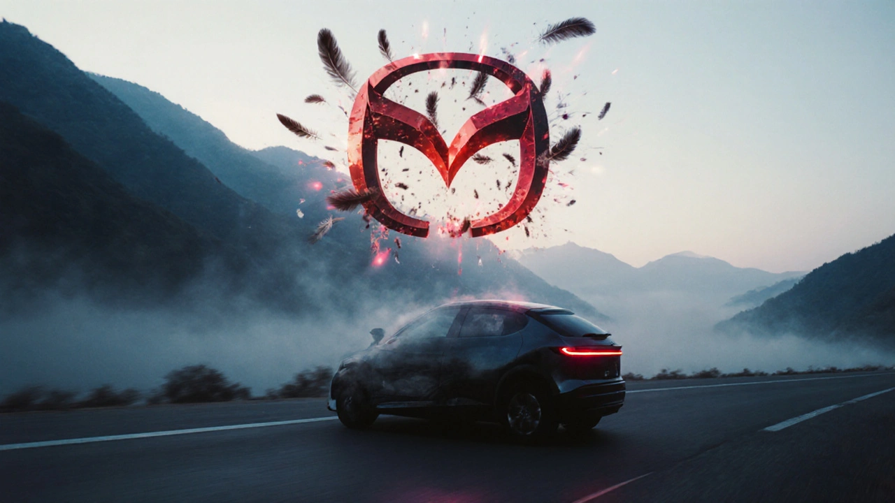 Moderní elektromobil Mazda s logem M, které se mění v peří, jížící v mlze.