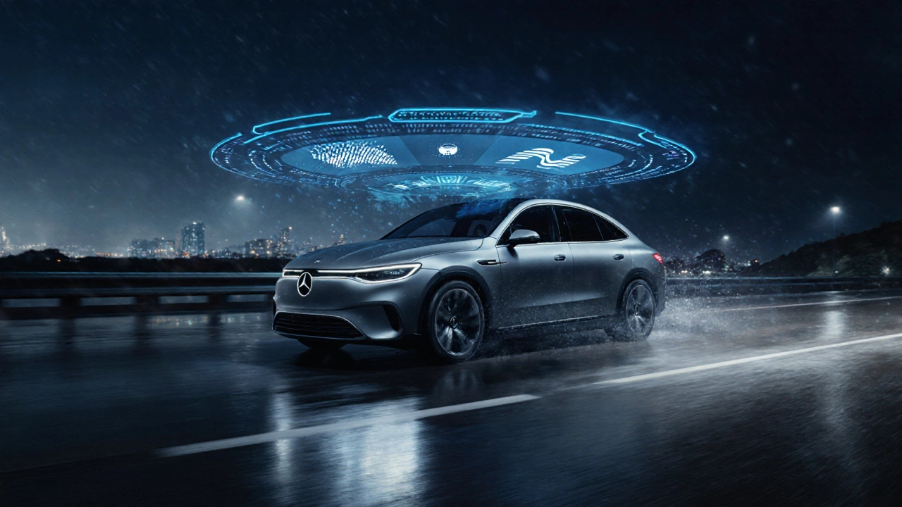 Moderní Mercedes EQS s aerodynamickým tvarem a holografickým rozhraním MBUX v noci.