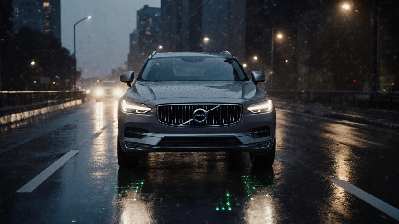 Moderní Volvo EX90 jede v dešti s viditelným logem na kapotě.