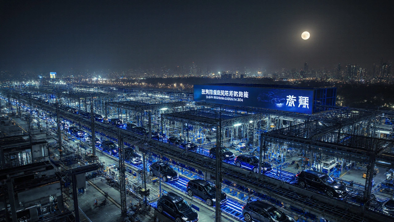 Night view of Volvo&#039;s massive factory in China with automated production lines and glowing lights