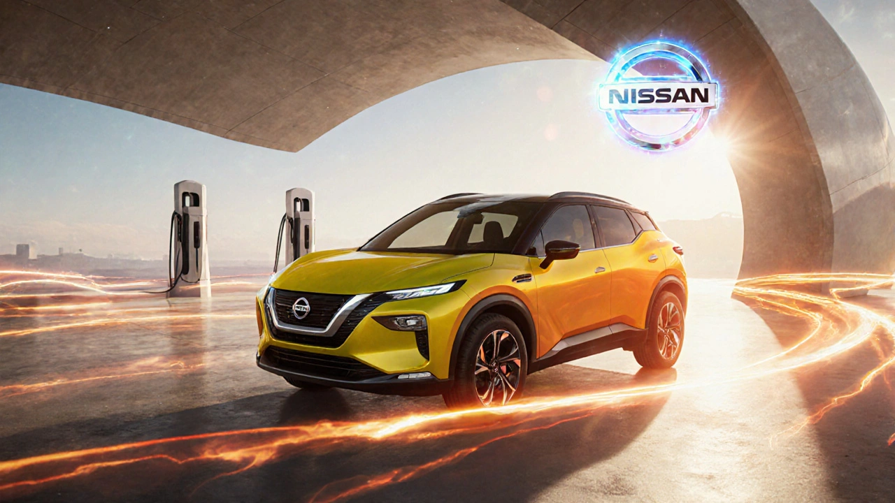 Nissan Ariya s měnící se žlutou barvou pod sluncem v budoucnosti.