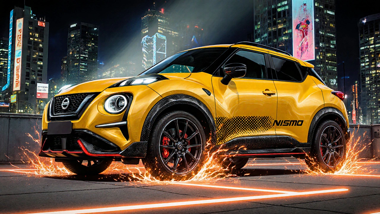 Omezená edice Nissan Juke Nismo v žluté barvě na městské plošině v noci.